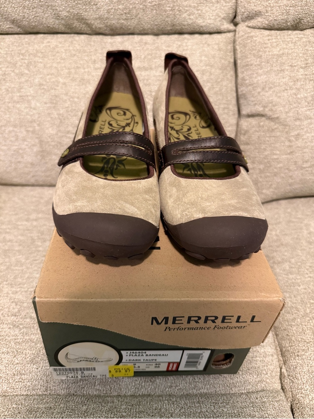 NIB Merrell Beige and Dark Brown Suede Mary Jane Flats